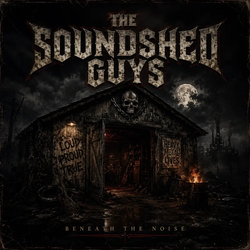Album cover: Beneath the Noise. A weathered shed at night under a full moon, skull above the door