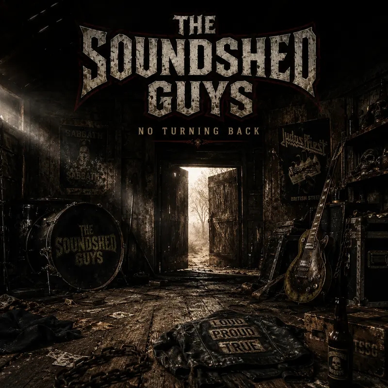 Album cover: No Turning Back. An open shed door spilling light across a floor of chains and a bass drum