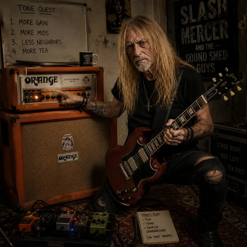 Guitarist seated with a cherry-red electric guitar beside an Orange amp stack, tone checklist on the whiteboard