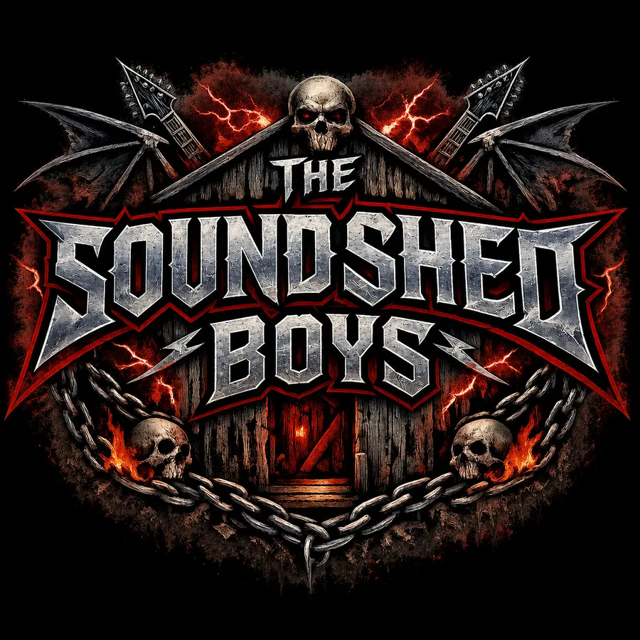 The Sound Shed Boys logo: a weathered shed under crossed guitars, skulls and chains