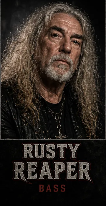 Rusty Reaper, bass: silver-maned with a chrome cross pendant