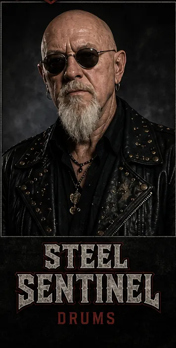 Steel Sentinel, drums: shaved head, round shades, studded leather