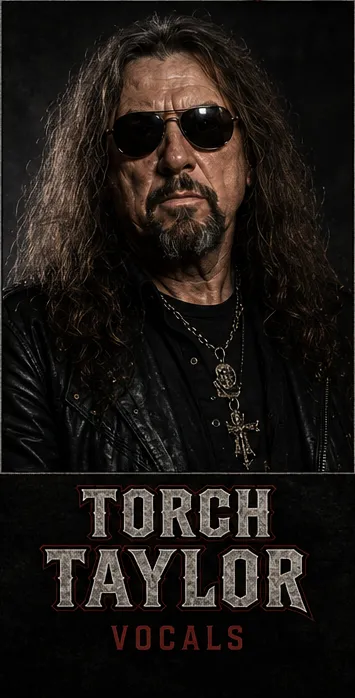 Torch Taylor, vocals: long dark hair, aviator sunglasses, leather jacket