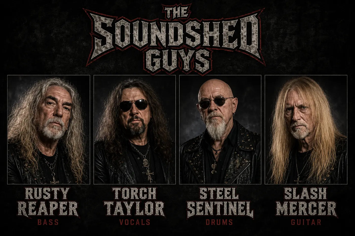 Lineup card showing the four members: Rusty Reaper on bass, Torch Taylor on vocals, Steel Sentinel on drums, Slash Mercer on guitar